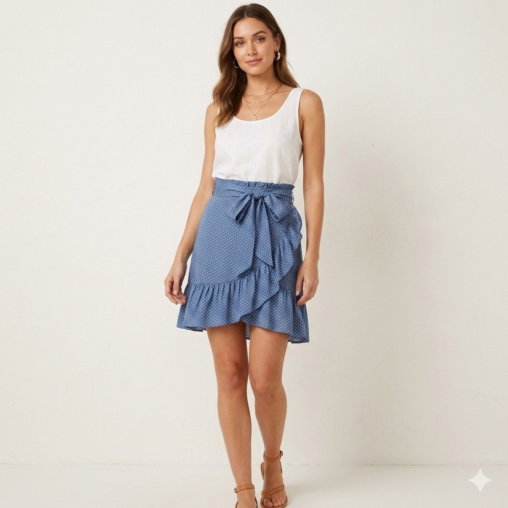 CHAN LUU Mini Skirt Women XS Blue Polka Dot Silk Ruffle Wrap Tie Waist